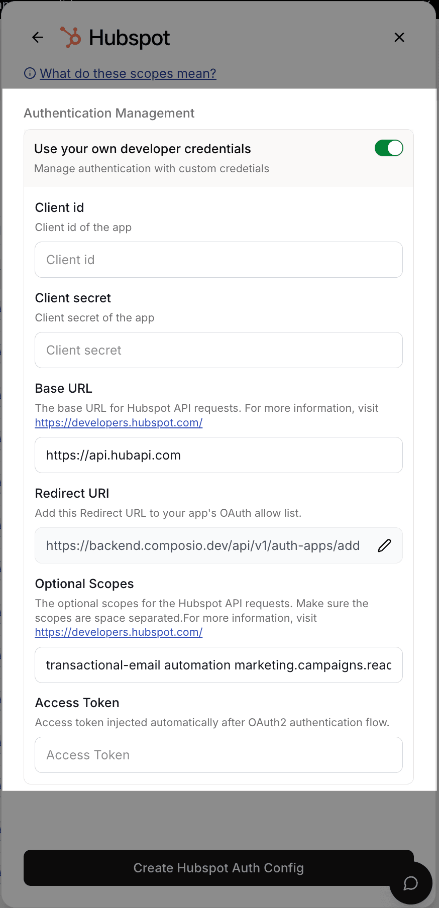 Hubspot Auth Config Settings
